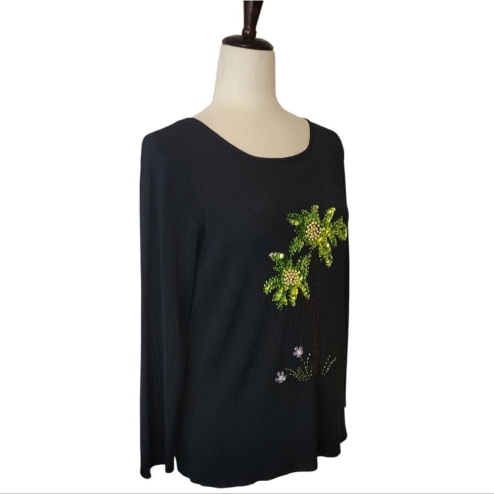 Lucia Burns Black Palm Tree Embellished 3/4 Sleeve Sweater Size L - Picture 2 of 9